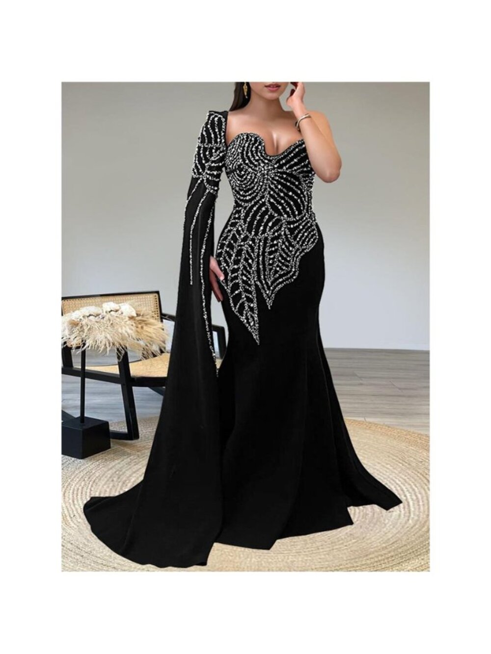 Rhinestone Pearl Detail One-Shoulder Mermaid Maxi Dress